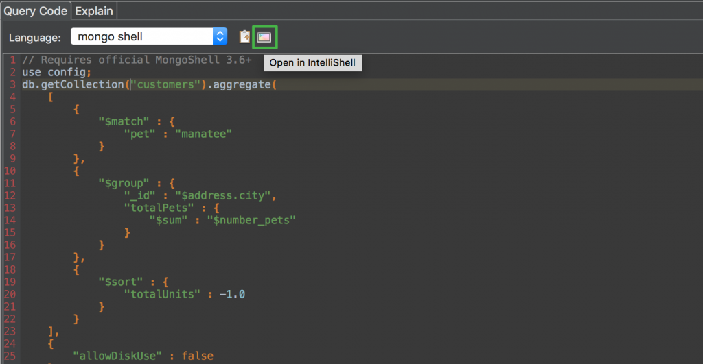 Now you can open the mongo shell code from Query Code directly in IntelliShell