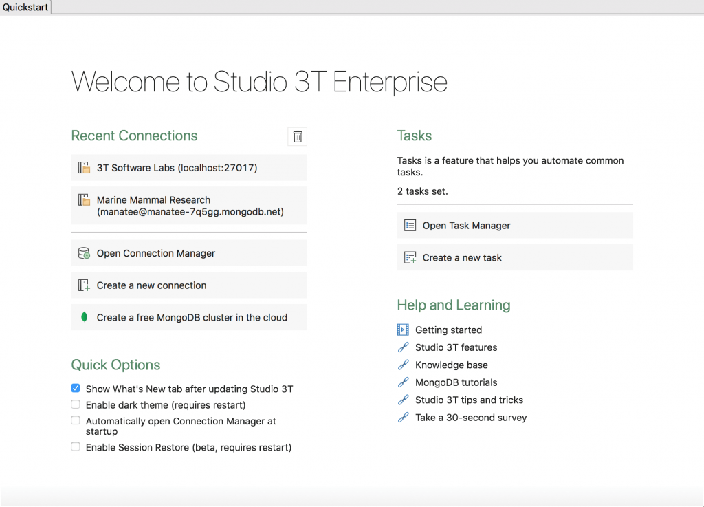 Quickstart is the new in-app welcome dashboard in Studio 3T