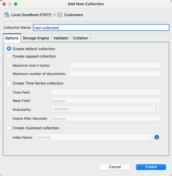 The Add New Collection dialog allows you to set the parameters for a new MongoDB collection.