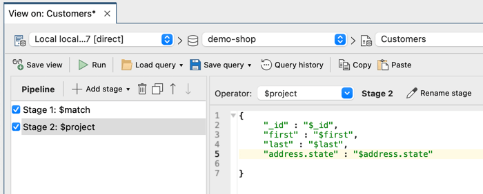 Here, we've added the $match and $project stages in Studio 3T's View Editor