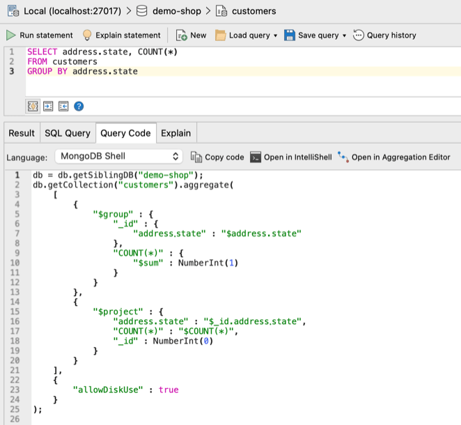 MongoDB aggregation query translated and generated from Query Code