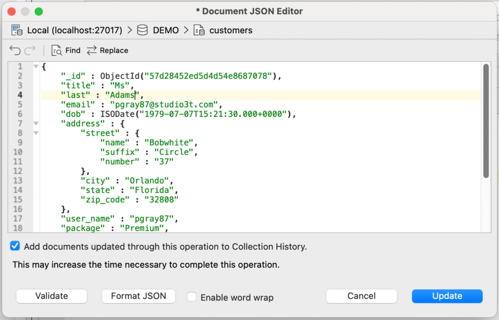 Edit and update a MongoDB document in JSON View.