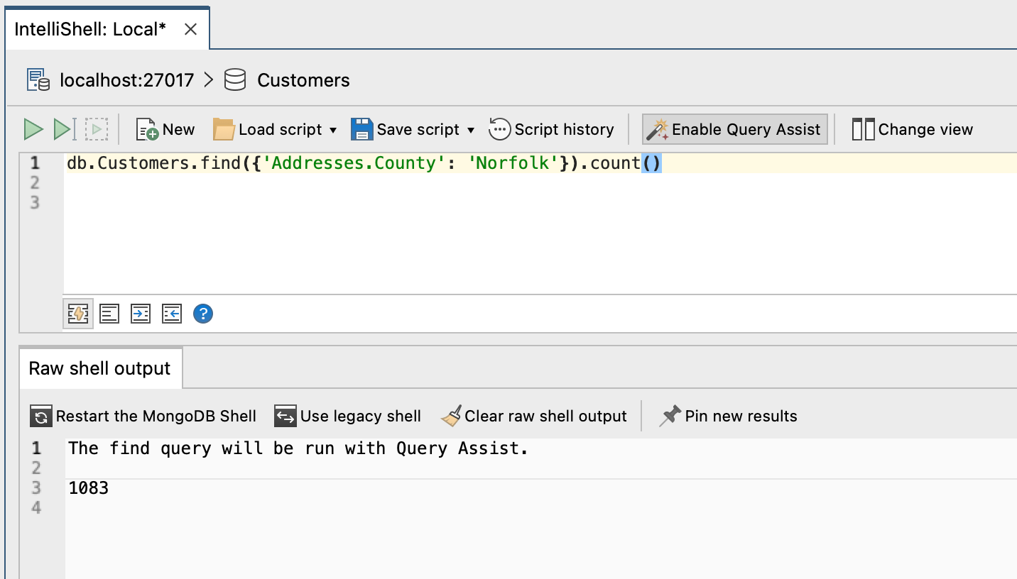 You can use the MongoDB find method in Studio 3T's IntelliShell, a built-in mongo shell with auto-completion. This MongoDB find query example shows how to find documents where the county field matches the value Norfolk.