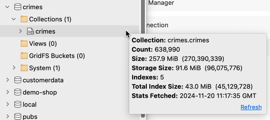 To view a MongoDB collection's size, hover over the collection name