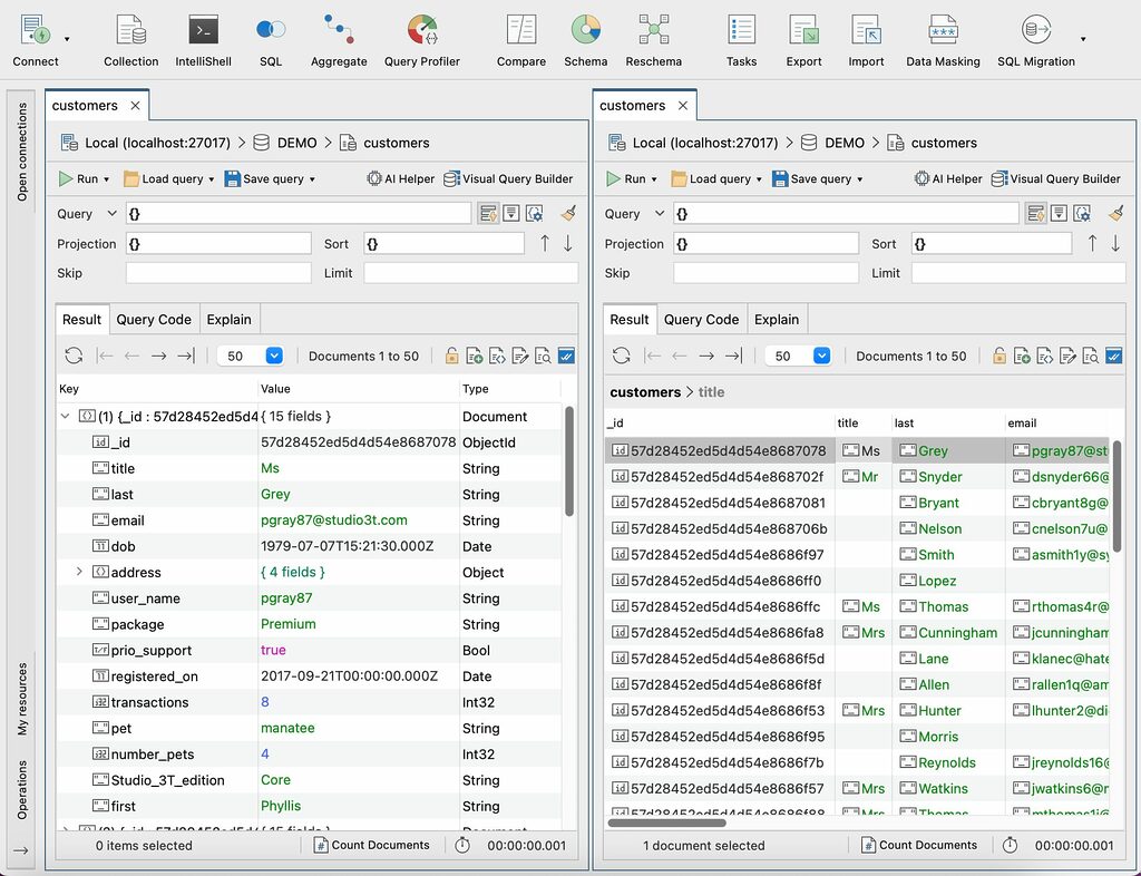 View MongoDB collections side-by-side or split vertically.