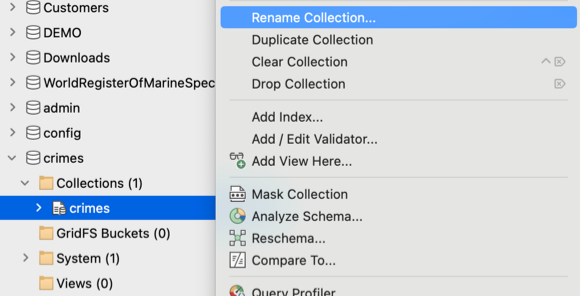 To rename a MongoDB collection, right-click the collection and select Rename Collection