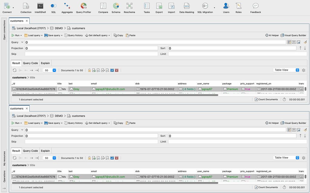 View MongoDB collections split horizontally.