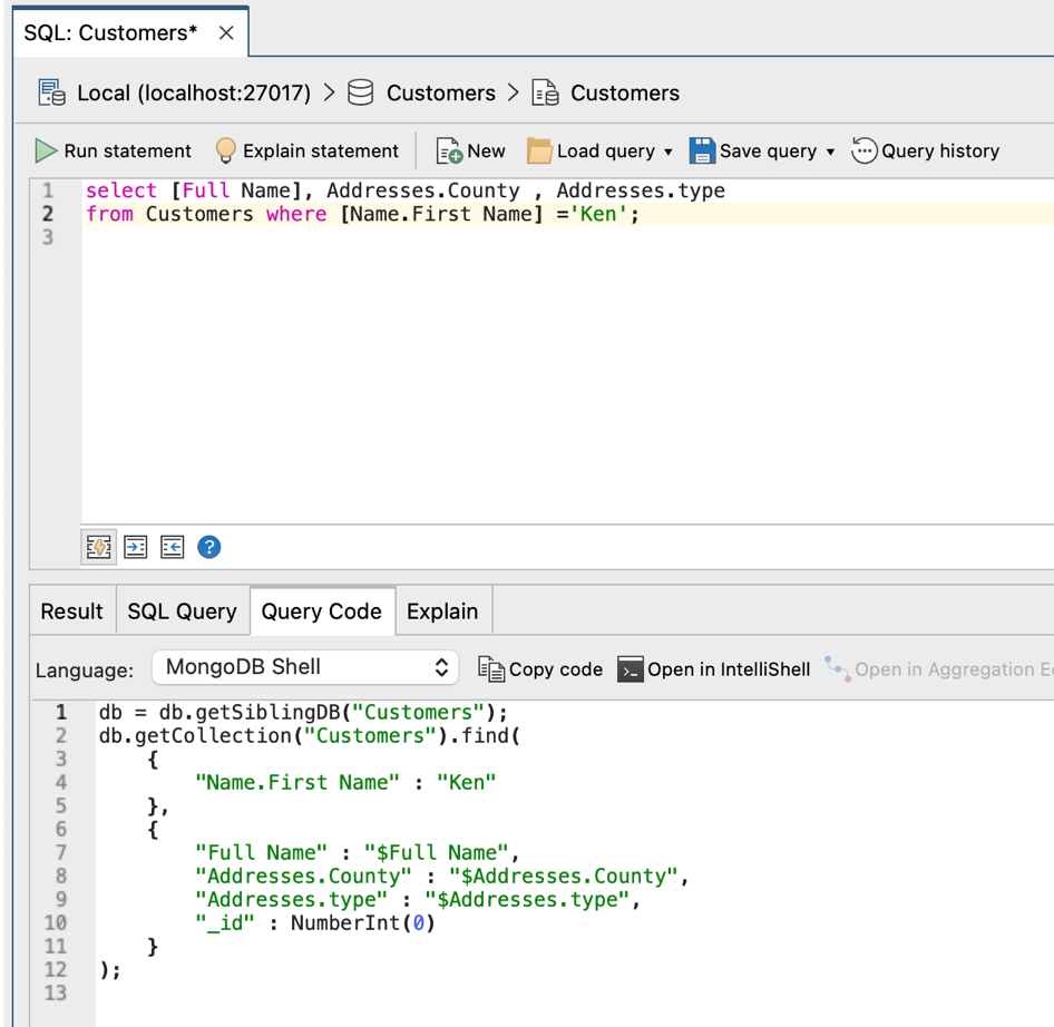 Studio 3T's SQL Query lets you use SQL to query documents and build MongoDB find queries