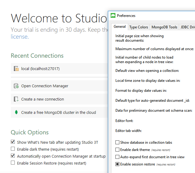 Enable Session Restore on Studio 3T