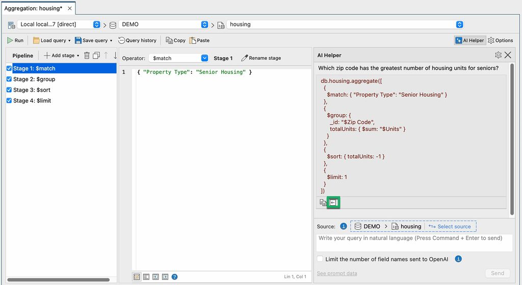 Ask questions about your MongoDB data and automatically create the stages of an aggregation pipeline.