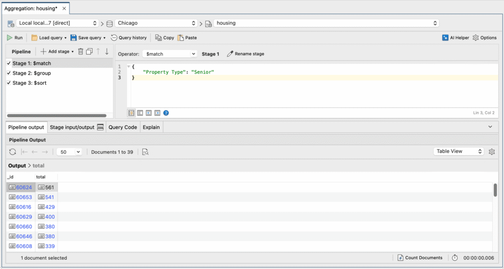 The Aggregation Editor lets you build pipelines stage by stage and view the inputs and outputs to each stage