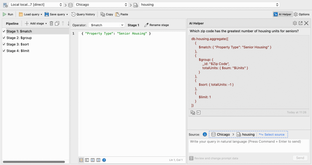 Ask questions about your MongoDB data and automatically create the stages of an aggregation pipeline.