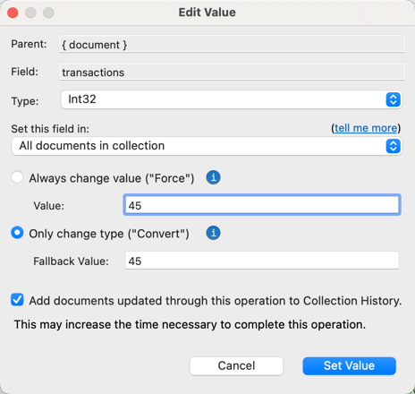 Bulk-edit field types in all documents in a MongoDB collection