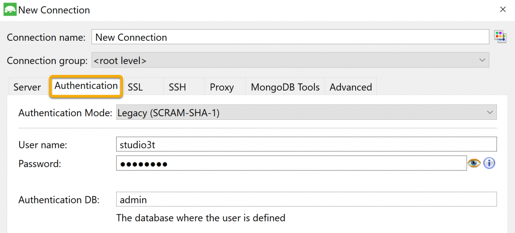 authentication in studio 3t