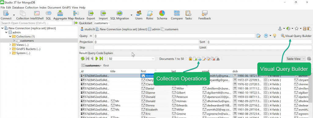 collection tab features in studio 3t