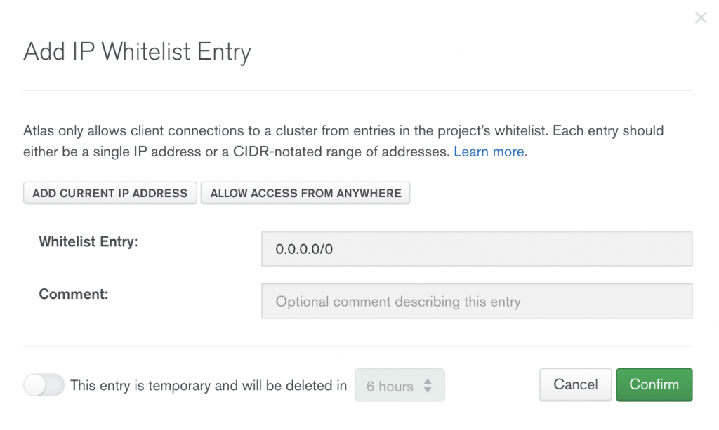 Don't allow access from anywhere when setting up MongoDB Atlas