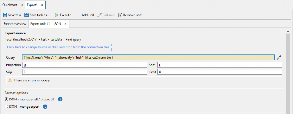 Edit find query in the export unit tab