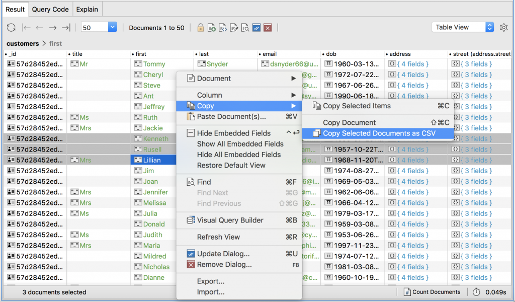 Export MongoDB documents to CSV directly from Table View