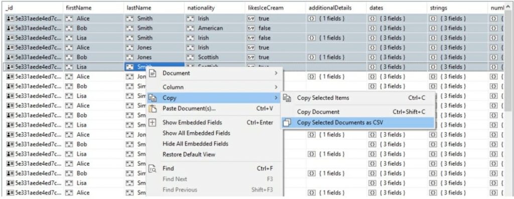 Copy selected documents to CSV/Excel