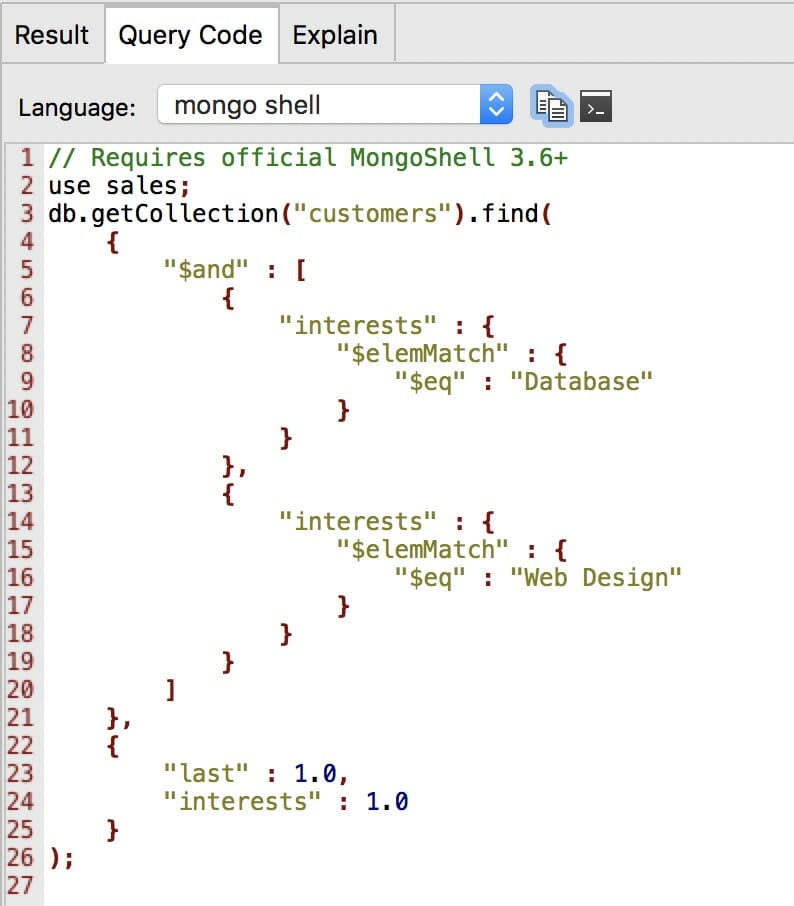 Choose mongo shell language under Query Code