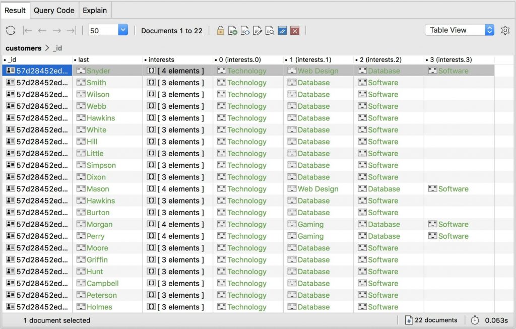 22 resulting documents from a query