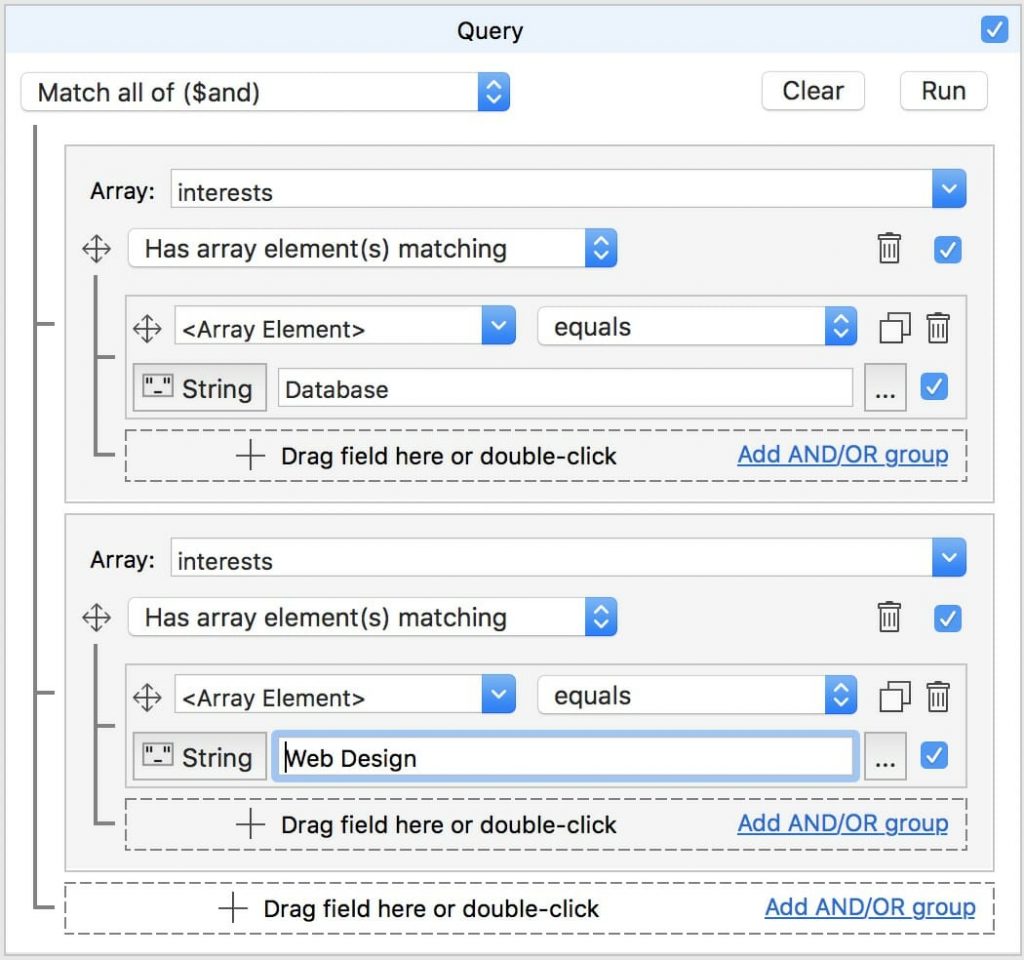 Two array elements in the Visual Query Builder