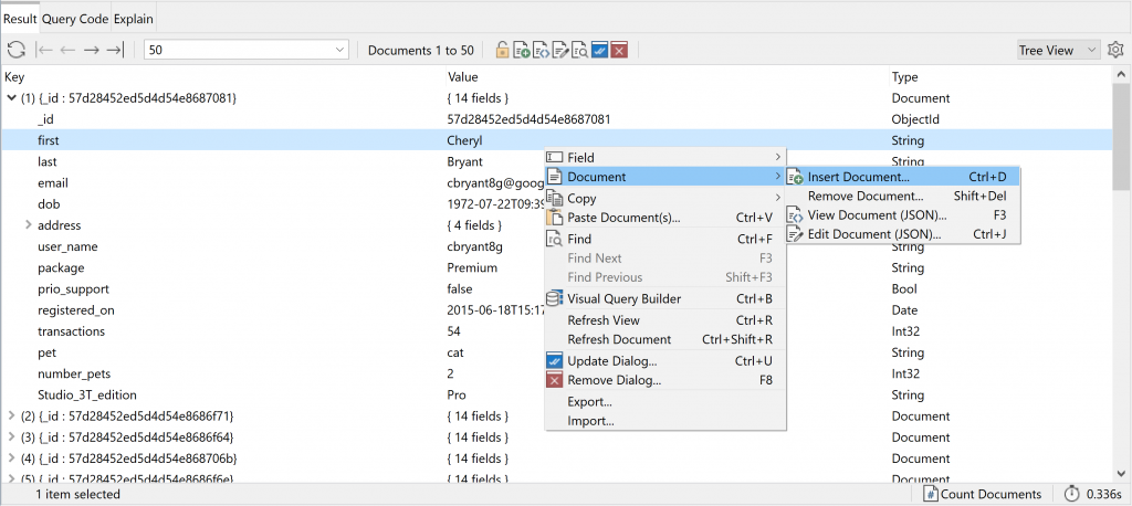 Add new MongoDB documents to a collection by right-clicking any document