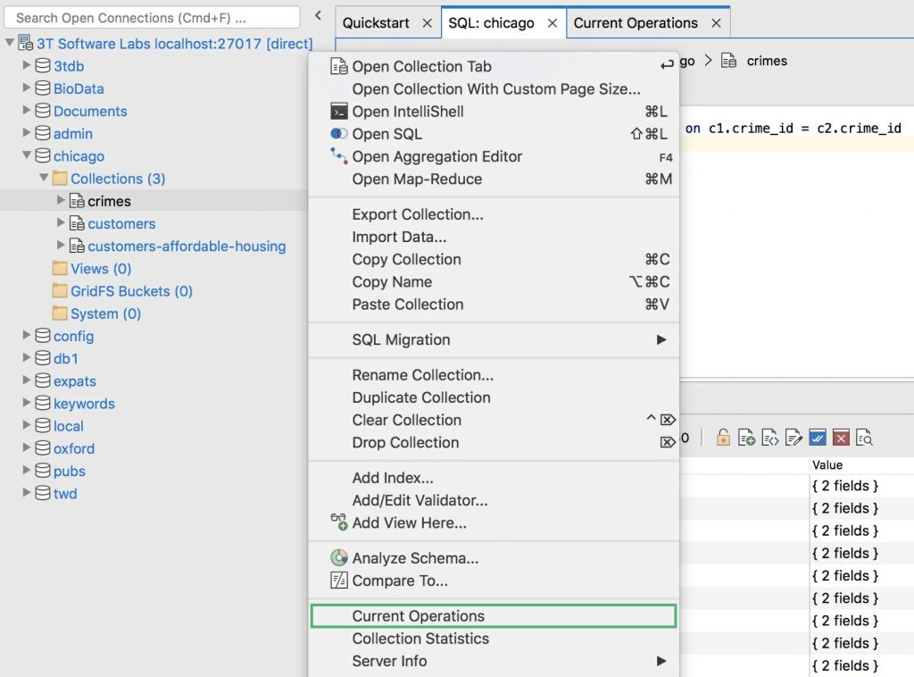 View the current operations of any MongoDB collection in Studio 3T