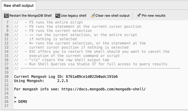 When starting an IntelliShell session, the raw shell output shows the details of the MongoDB Shell version.