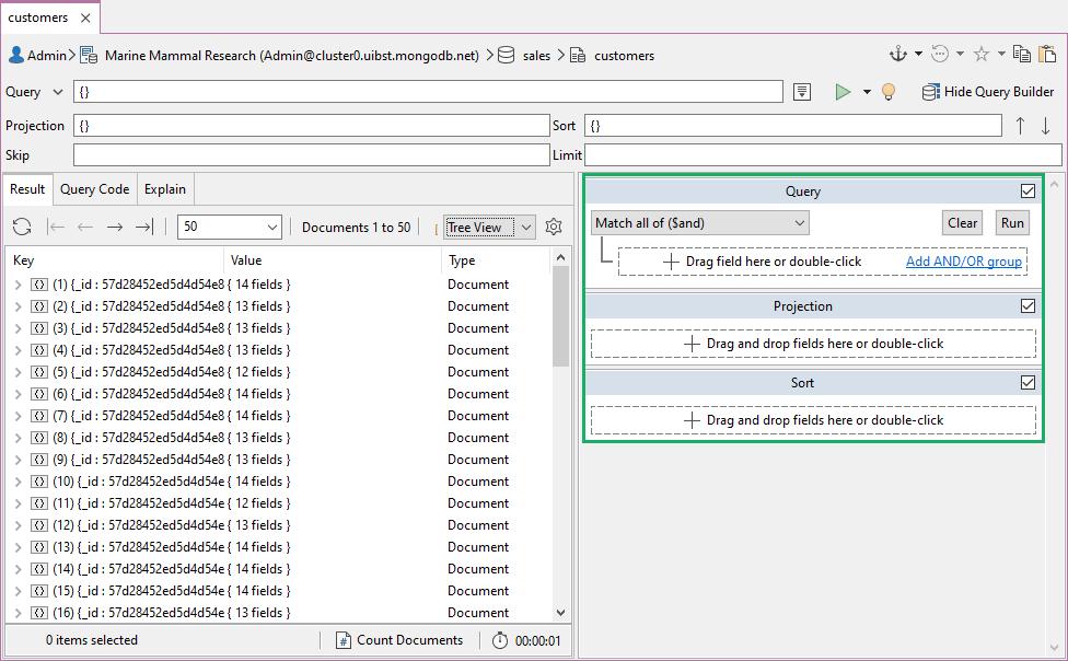 El Visual Query Builder tiene 3 secciones: Consulta, Proyección y Ordenación. Utilice arrastrar y soltar documentos para empezar a construir una consulta MongoDB.