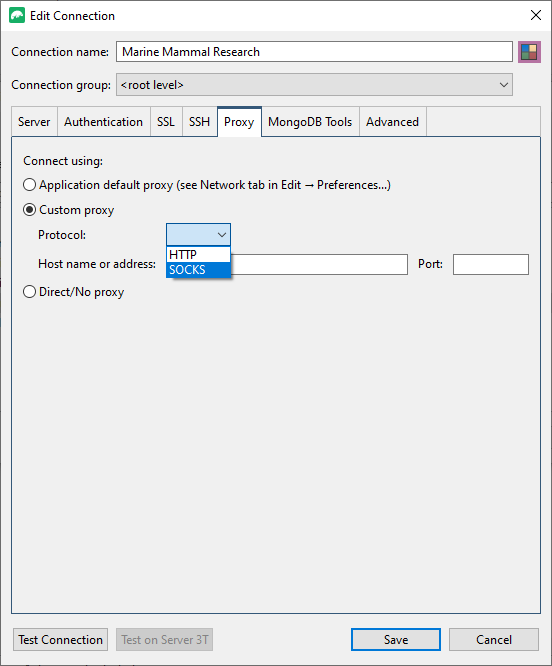Connect using HTTP and SOCKS proxy settings