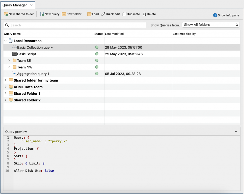 A Query Manager tab showing a list of saved MongoDB queries, organised into folders