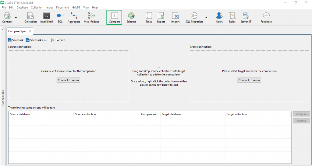 Comparing MongoDB collections starts by clicking the Compare button on the Studio 3T toolbar