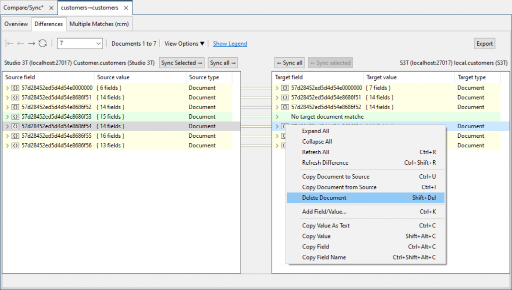 Easily remove documents from your MongoDB data comparison by clicking on Delete Document