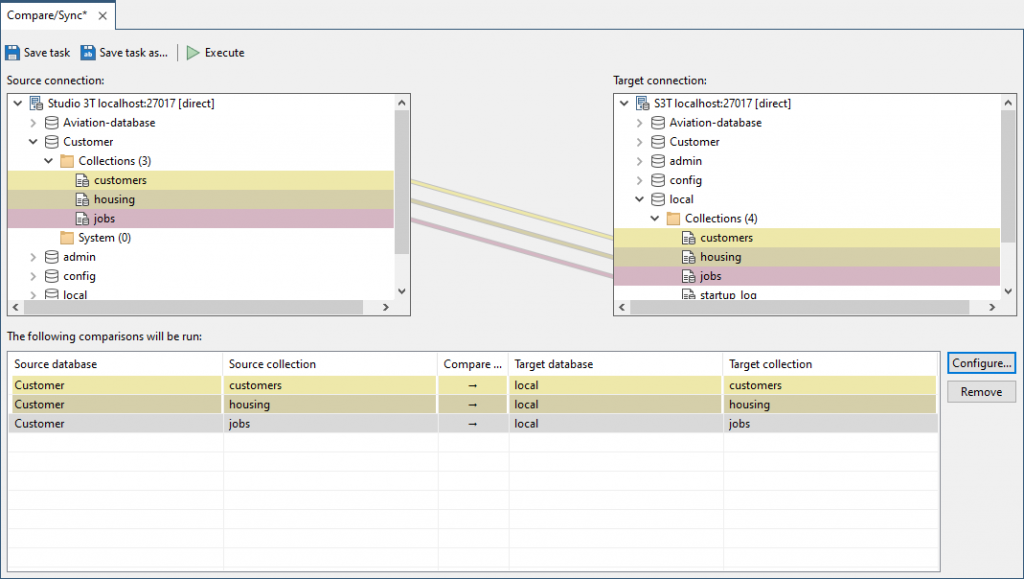 Simply drag the source database on top of the target database and their collections will automatically be selected for comparison