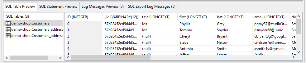 SQL Table Preview tab shows a list of tables and associated columns 