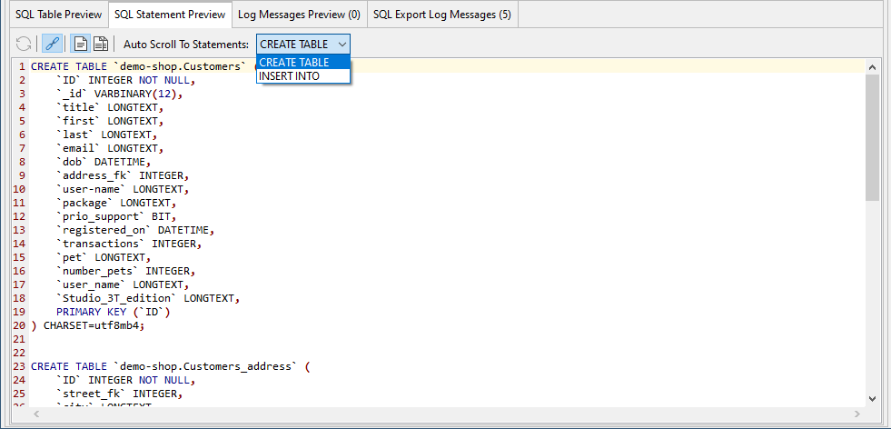 The SQL Statement Preview tab shows the SQL statements that Studio 3T will use to migrate the data from MongoDB to SQL