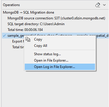 View the log files of any MongoDB to SQL migration from the Operations sidebar in Studio 3T