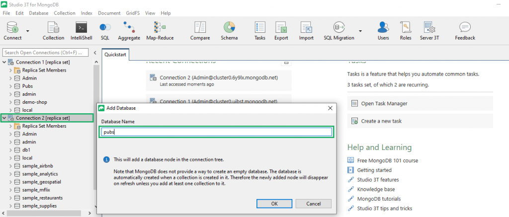 create empty database in intended connection