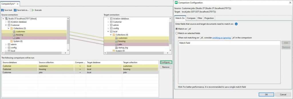 Configure your MongoDB data comparison: decide what fields to match on, what fields to compare, for example.