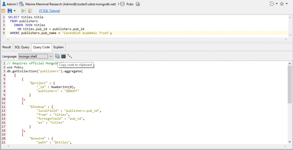Copying the automatically generated mongo shell code using Query Code, Studio 3T's polyglot code generator