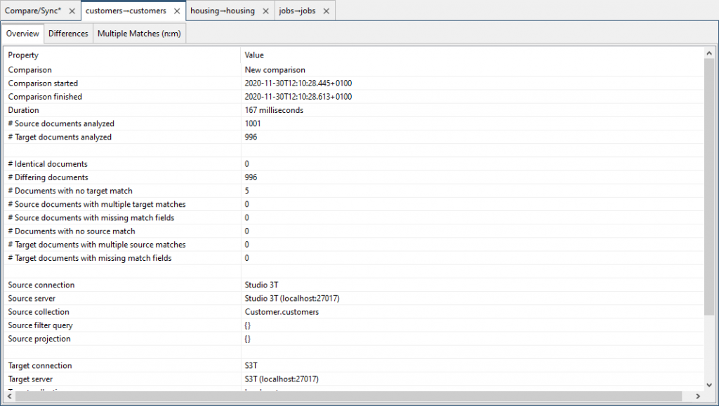 The Comparison Overview summarizes the differences found between your source and target collection