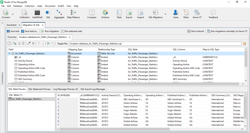 Studio 3T generates a SQL table preview of the data.