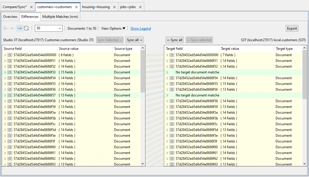 The Differences tab shows you the differing documents and fields found in your source and target collections