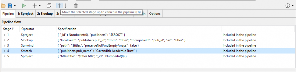 The Aggregation Editor in Studio 3T splits a MongoDB aggregation query into stages. Here, the pasted query is also automatically separated into stages.