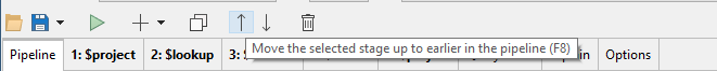 The up and down arrows in Aggregation Editor move the stage up and down the MongoDB aggregation pipeline