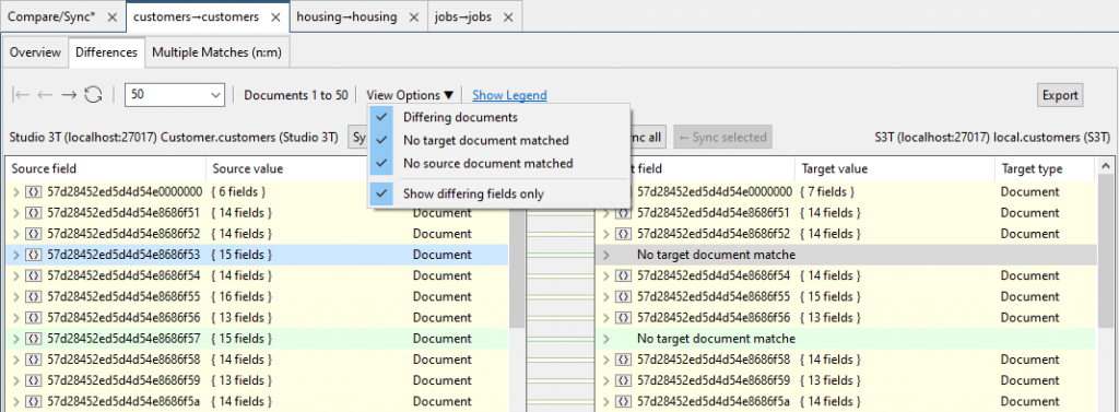 With Studio 3T's Data Compare and Sync, you can choose to only show differing fields for a cleaner overview