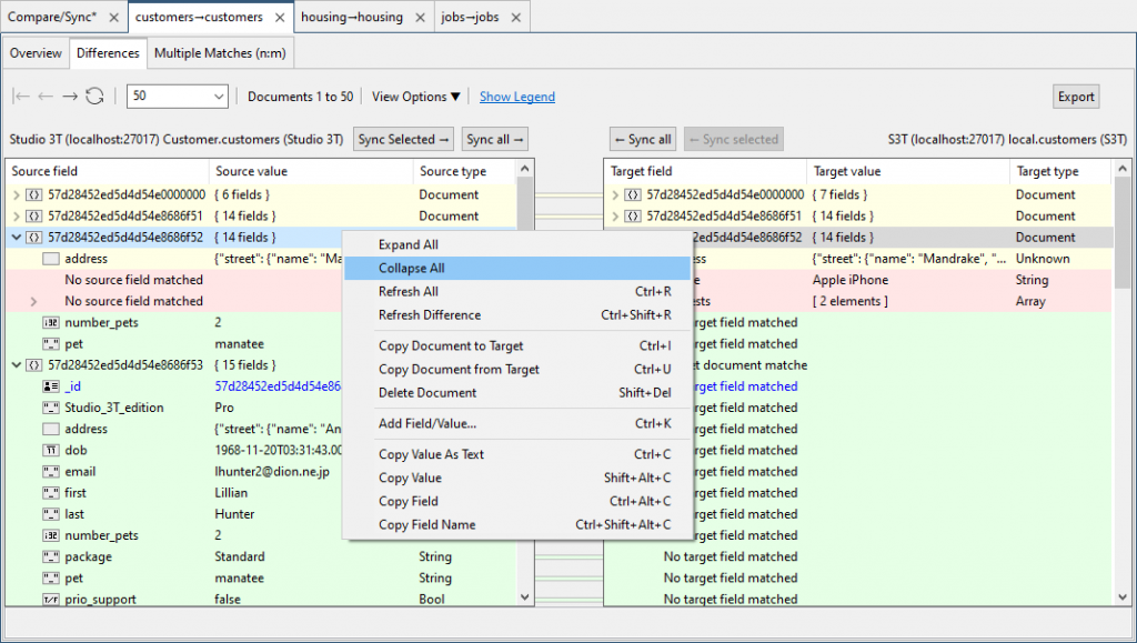 Expand and/or collapse fields and documents in one right-click