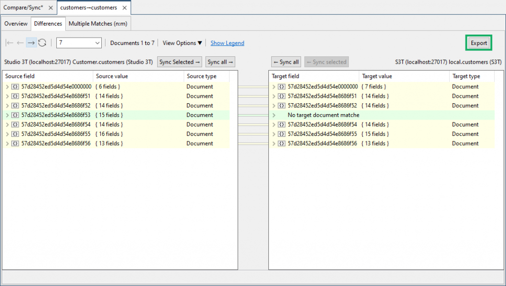 Export comparison results from Studio 3T Data Compare and Sync