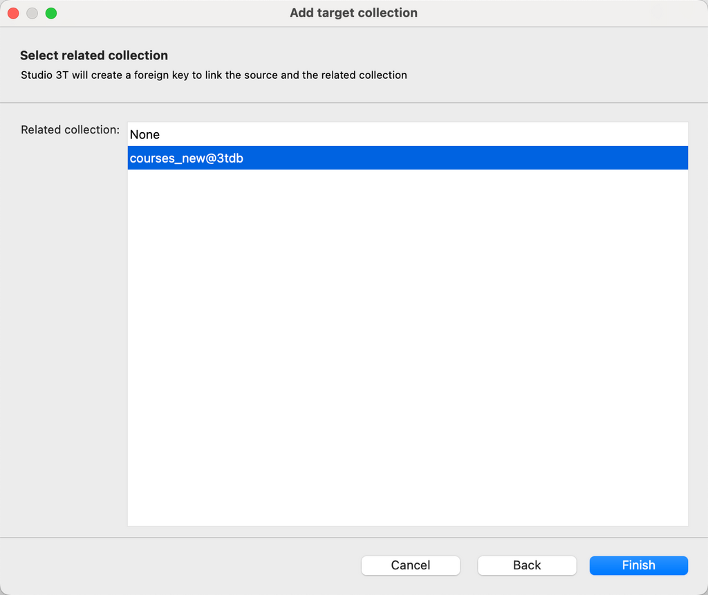 Define the relationship between the target MongoDB collections with a foreign key
